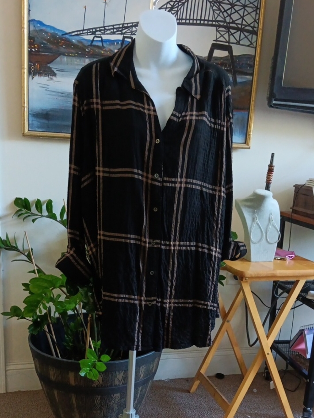 Jane and Delancey Black Plaid Button-Down Shirt XL NWT